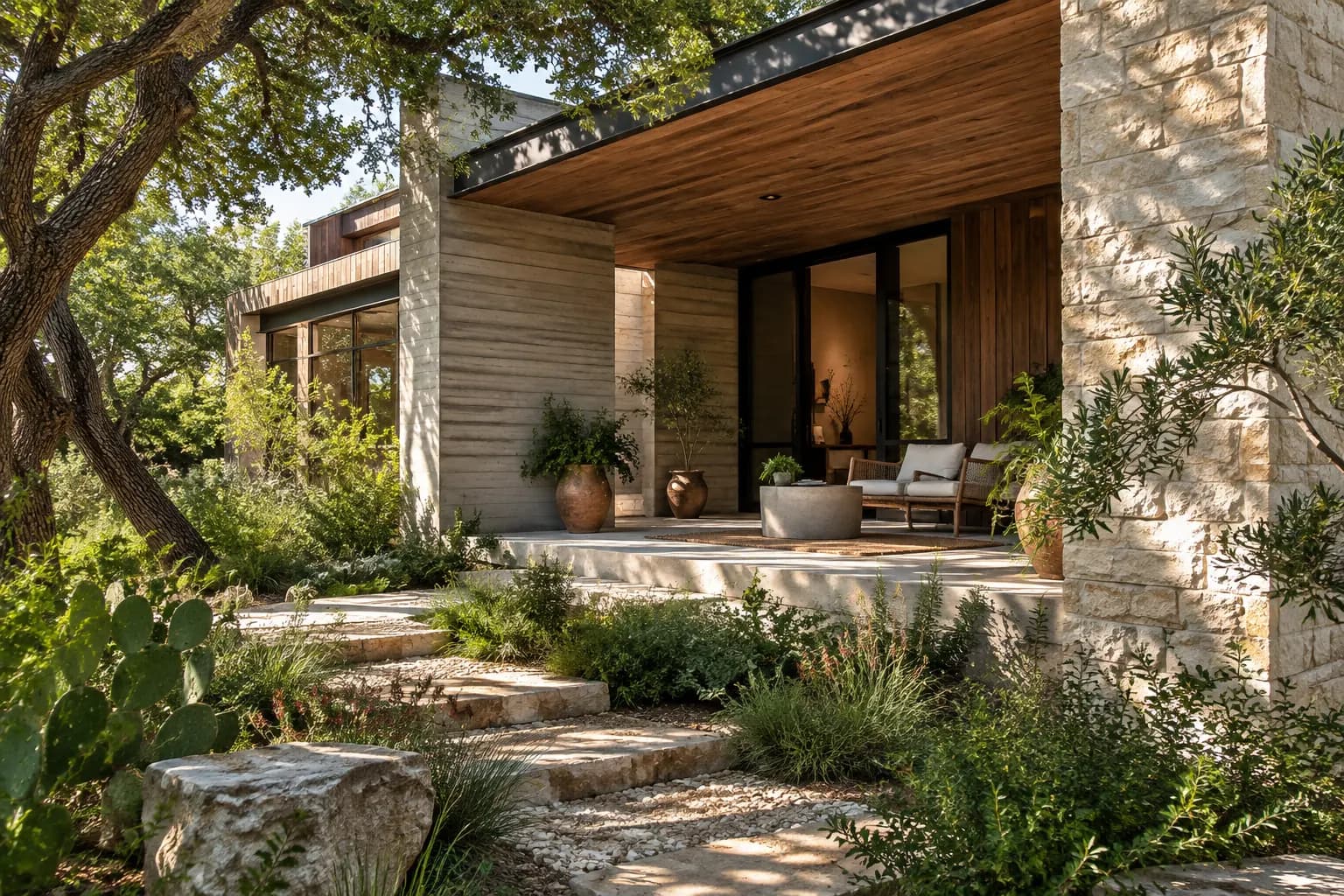 A cedar, concrete and limestone porch house surrounded by native planting